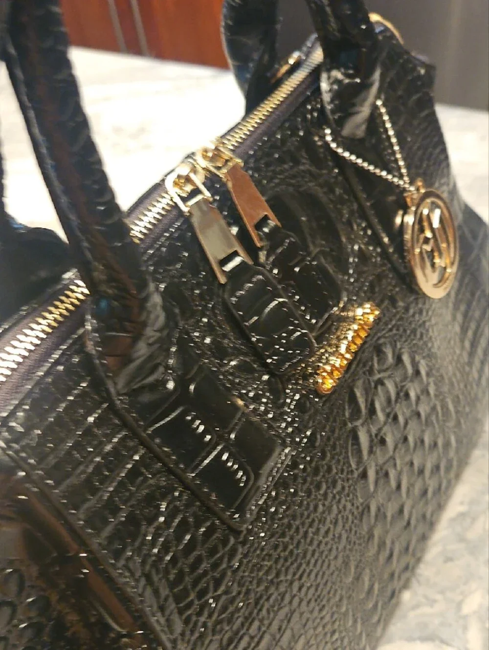 Never Carried  Black Charmes Croc-Embossed Satchel with Gold Hardware